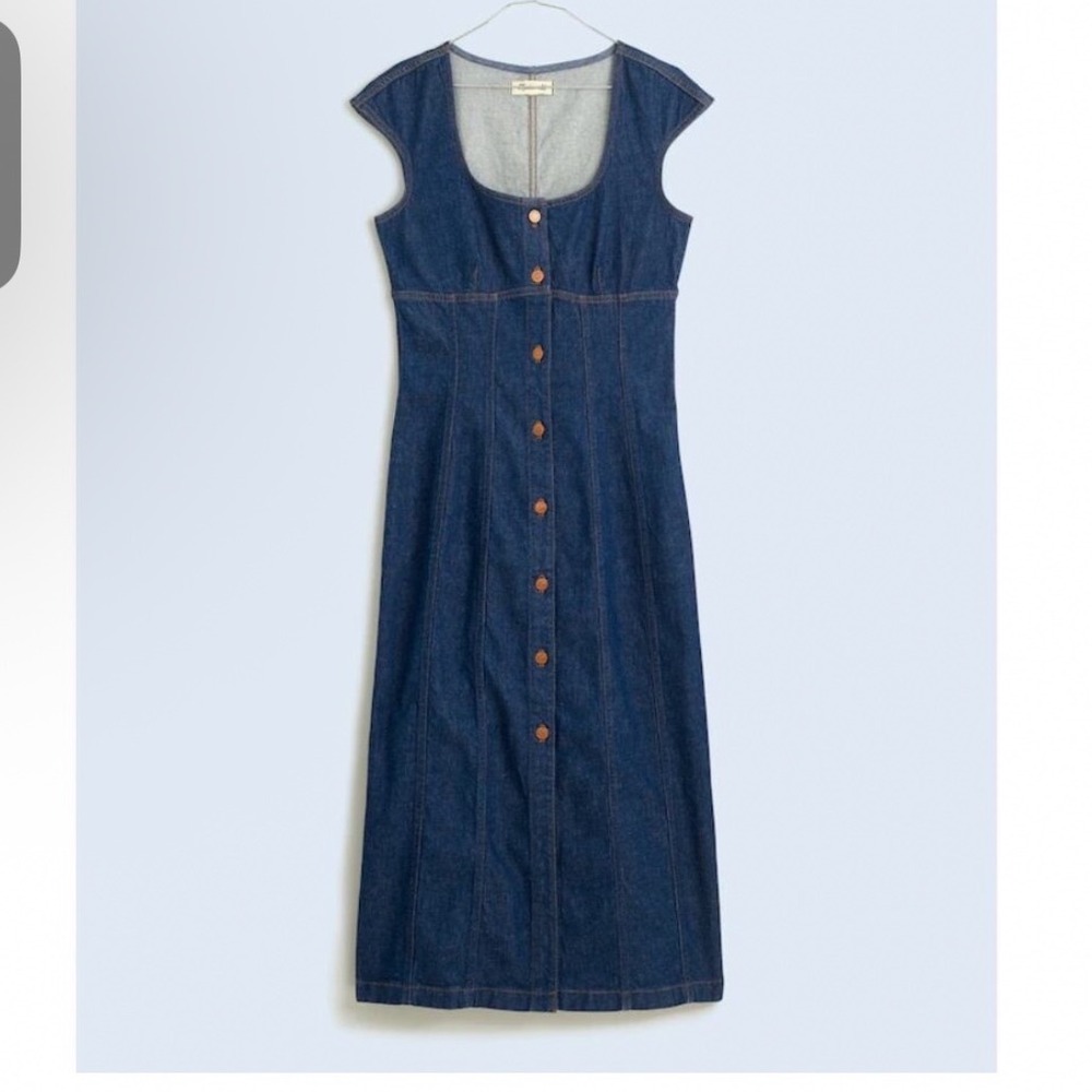 Madewell Square Neck Denim Button Front Midi Dress Benton Wash Women size 0 - Picture 2 of 10